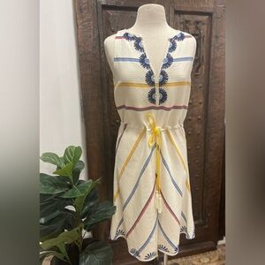 Tory Burch Blaine Embroidered Split Neck Sleeveless A-Line Stripe Dress